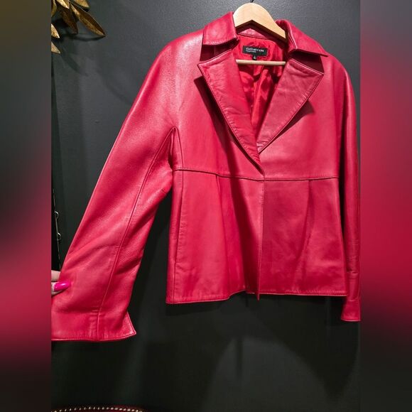 Red Leather Blazer Jacket Jones New York Collection One Snap Closure Collar Sz L - Picture 2 of 12